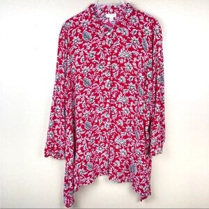 J Jill Button Up Shirt Paisley Printed Asymmetrical Sharkbite Hem 1X Red